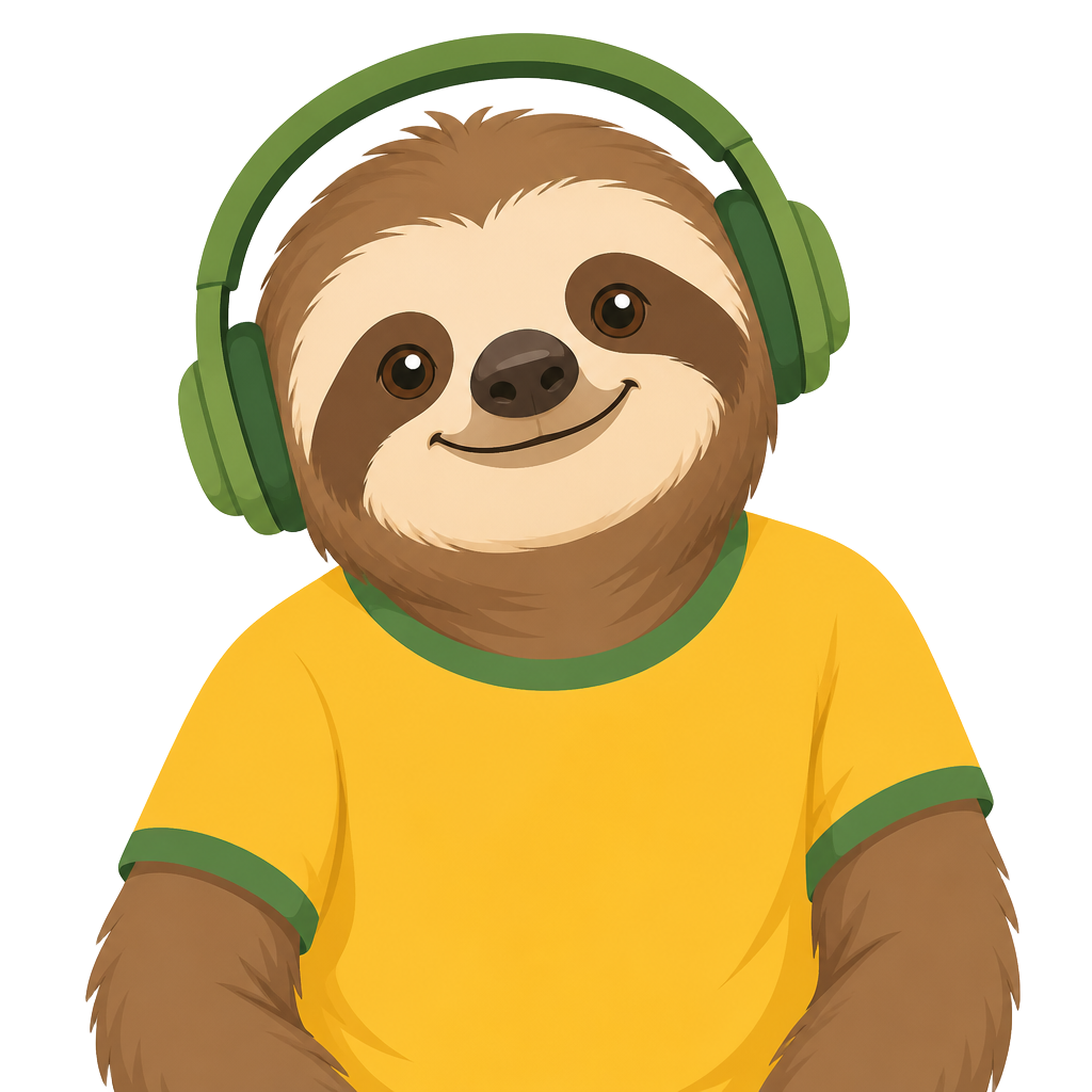 Portuguiça Lab sloth mascot wearing a yellow and green shirt with headphones